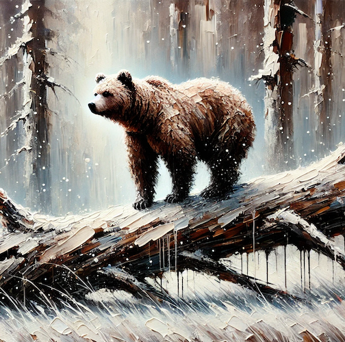 Bear standing on fallen tree