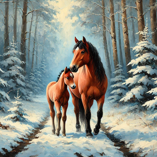 Oil painting of mother horse and her foal